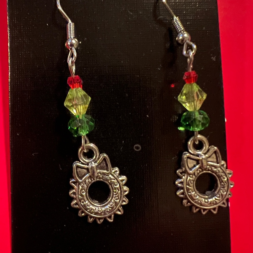 Metal Wreath Earrings with Red and Green Accents
